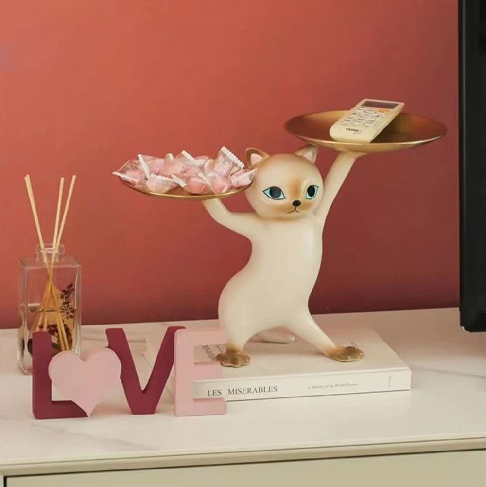 HMR - Modern Cat Resin Figurine with Gold Desk Storage Tray