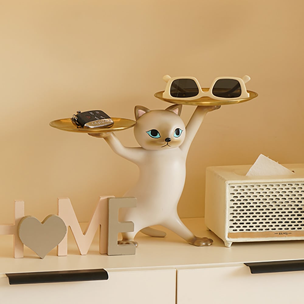 HMR - Modern Cat Resin Figurine with Gold Desk Storage Tray