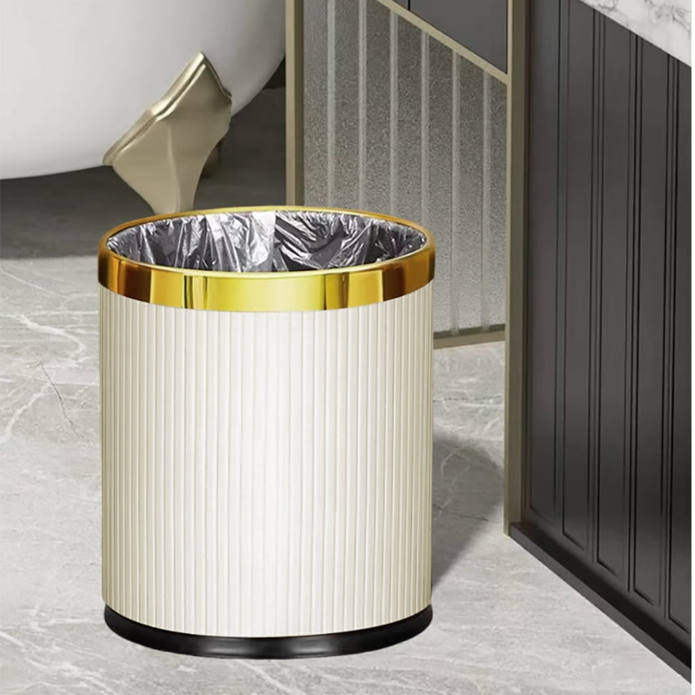 HMR - Gold & White Round Trash Can Open Top PU Leather & Metal Garbage Can for Bathroom