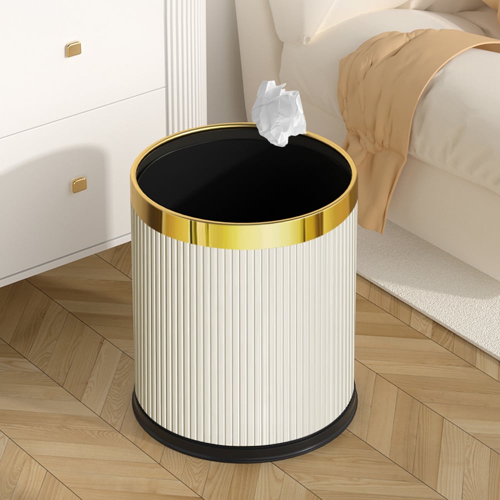HMR - Gold & White Round Trash Can Open Top PU Leather & Metal Garbage Can for Bathroom