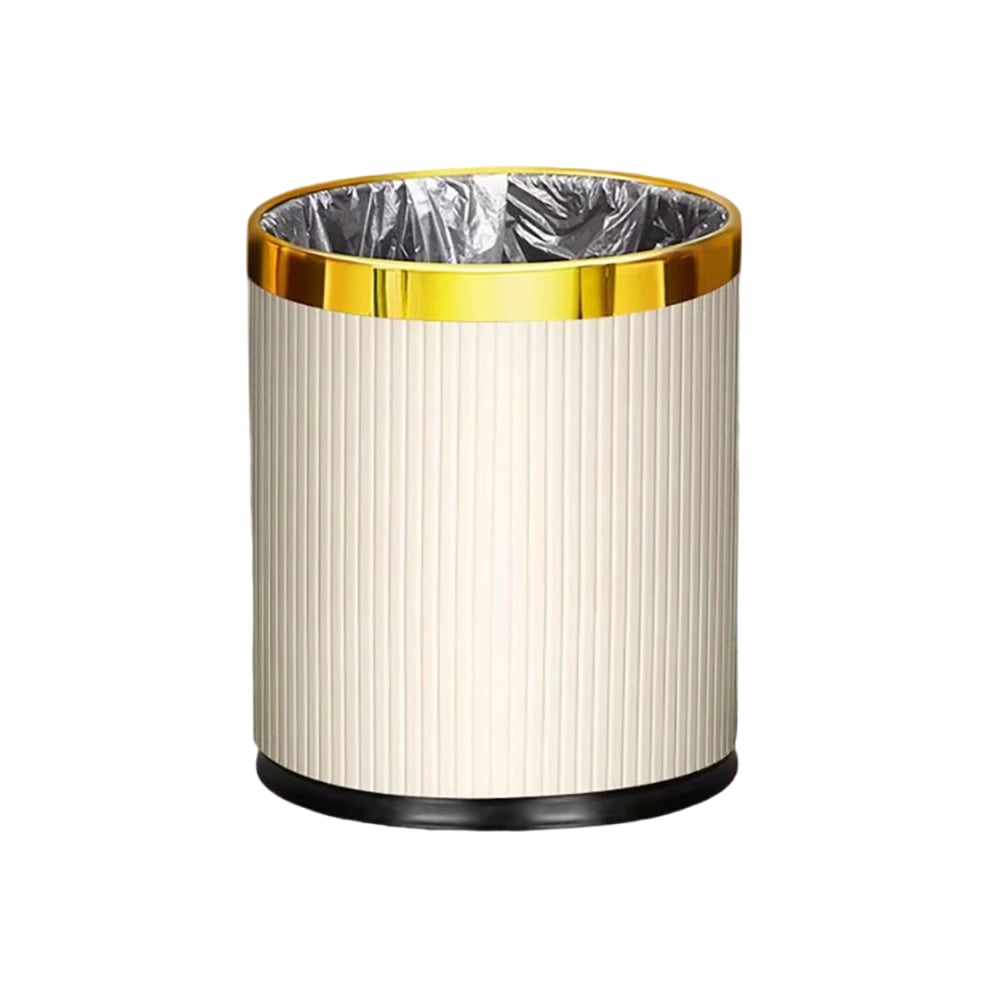 HMR - Gold & White Round Trash Can Open Top PU Leather & Metal Garbage Can for Bathroom