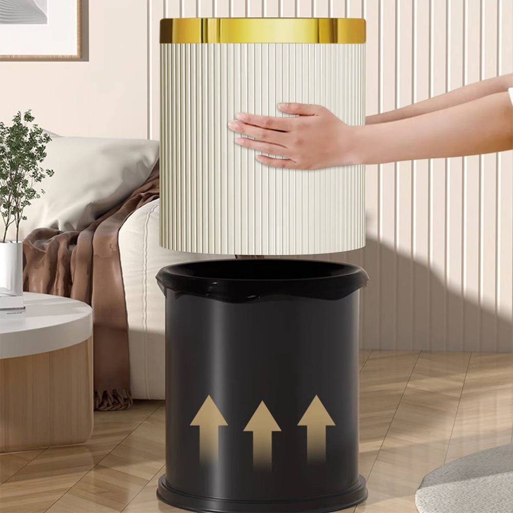 HMR - Gold & White Round Trash Can Open Top PU Leather & Metal Garbage Can for Bathroom