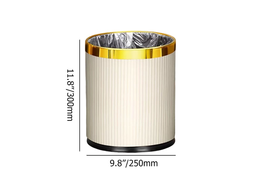 HMR - Gold & White Round Trash Can Open Top PU Leather & Metal Garbage Can for Bathroom