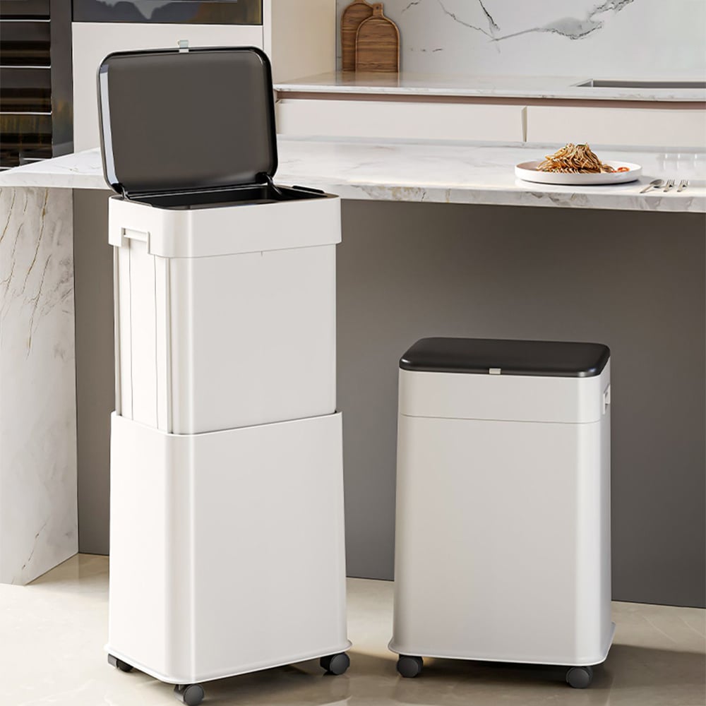 HMR - White Liftable Kitchen Trash Can Rolling Garbage Bin With Cover