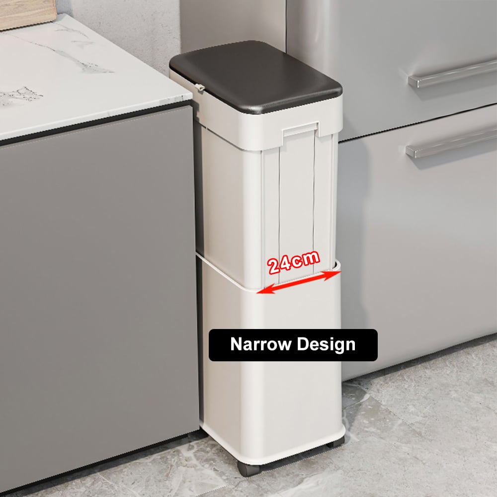 HMR - White Liftable Kitchen Trash Can Rolling Garbage Bin With Cover