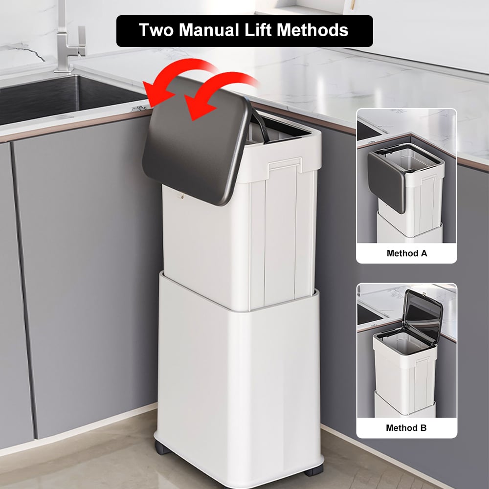 HMR - White Liftable Kitchen Trash Can Rolling Garbage Bin With Cover