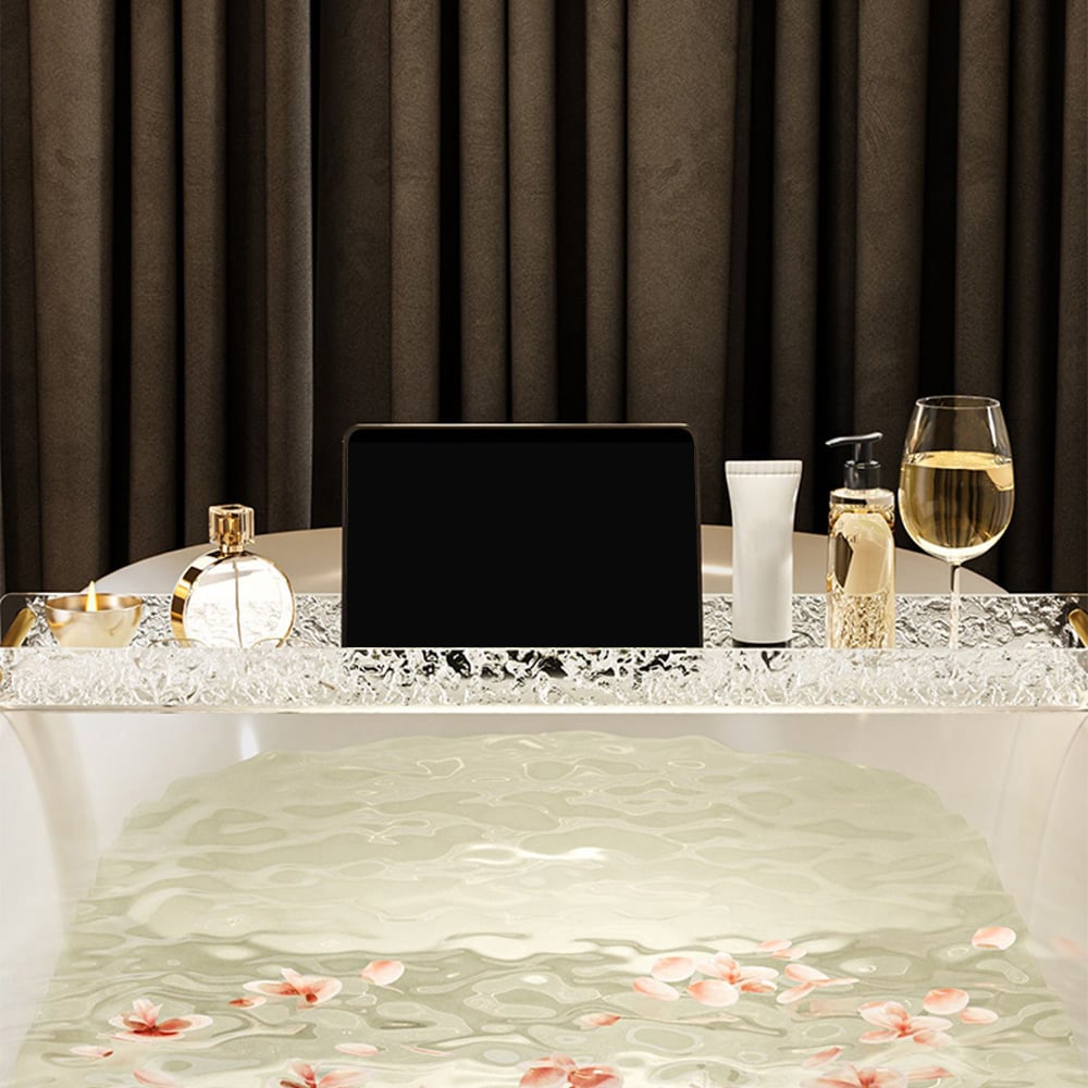 HMR - Acrylic Water Ripple Bathtub Tray Clear Bathroom Caddy Shelf with Gold Handles