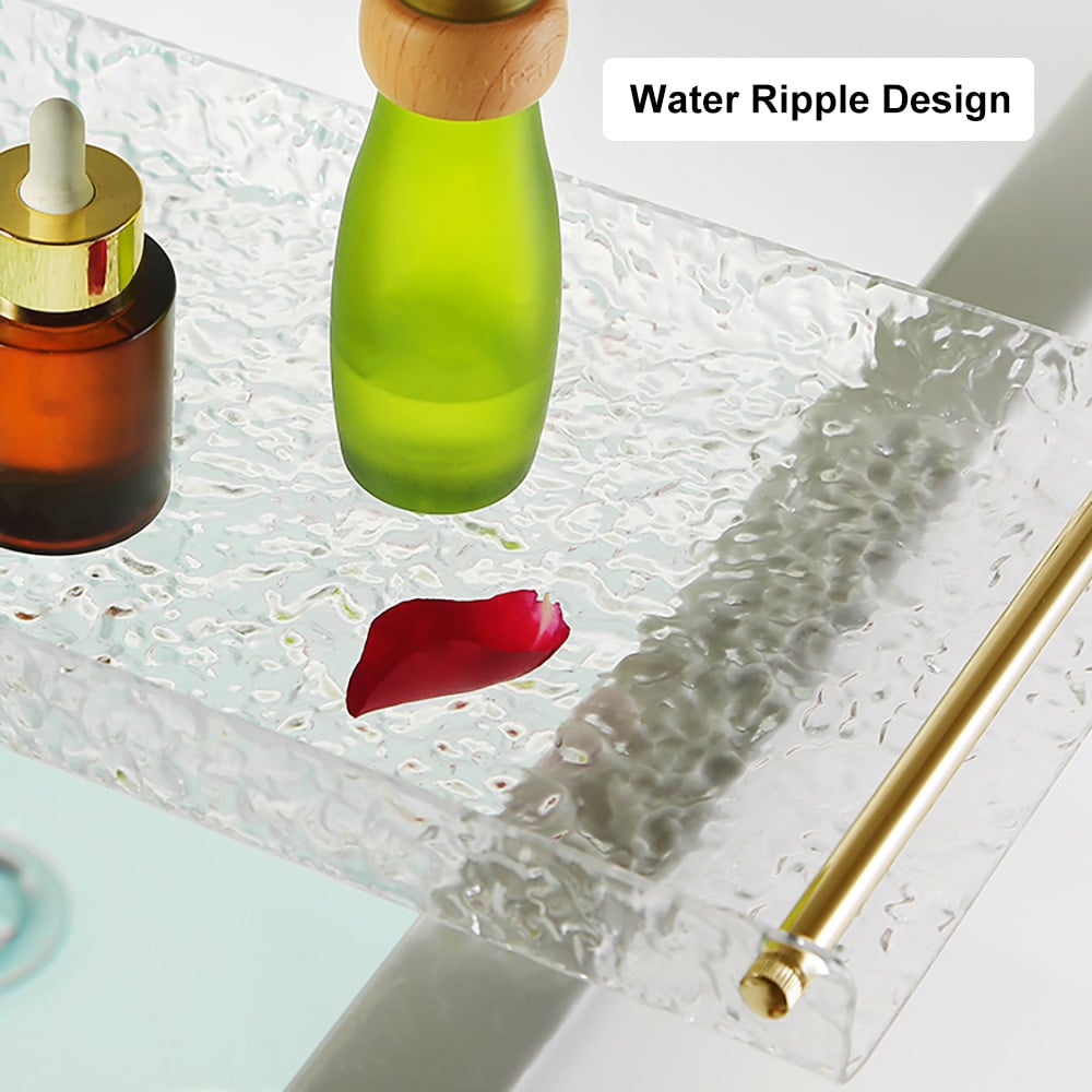 HMR - Acrylic Water Ripple Bathtub Tray Clear Bathroom Caddy Shelf with Gold Handles