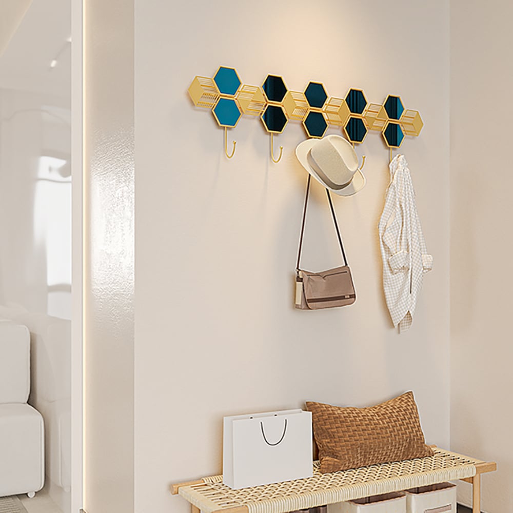 HMR - Gold & Blue Luxury Entryway Wall Mounted 5-Hook Coat Rack