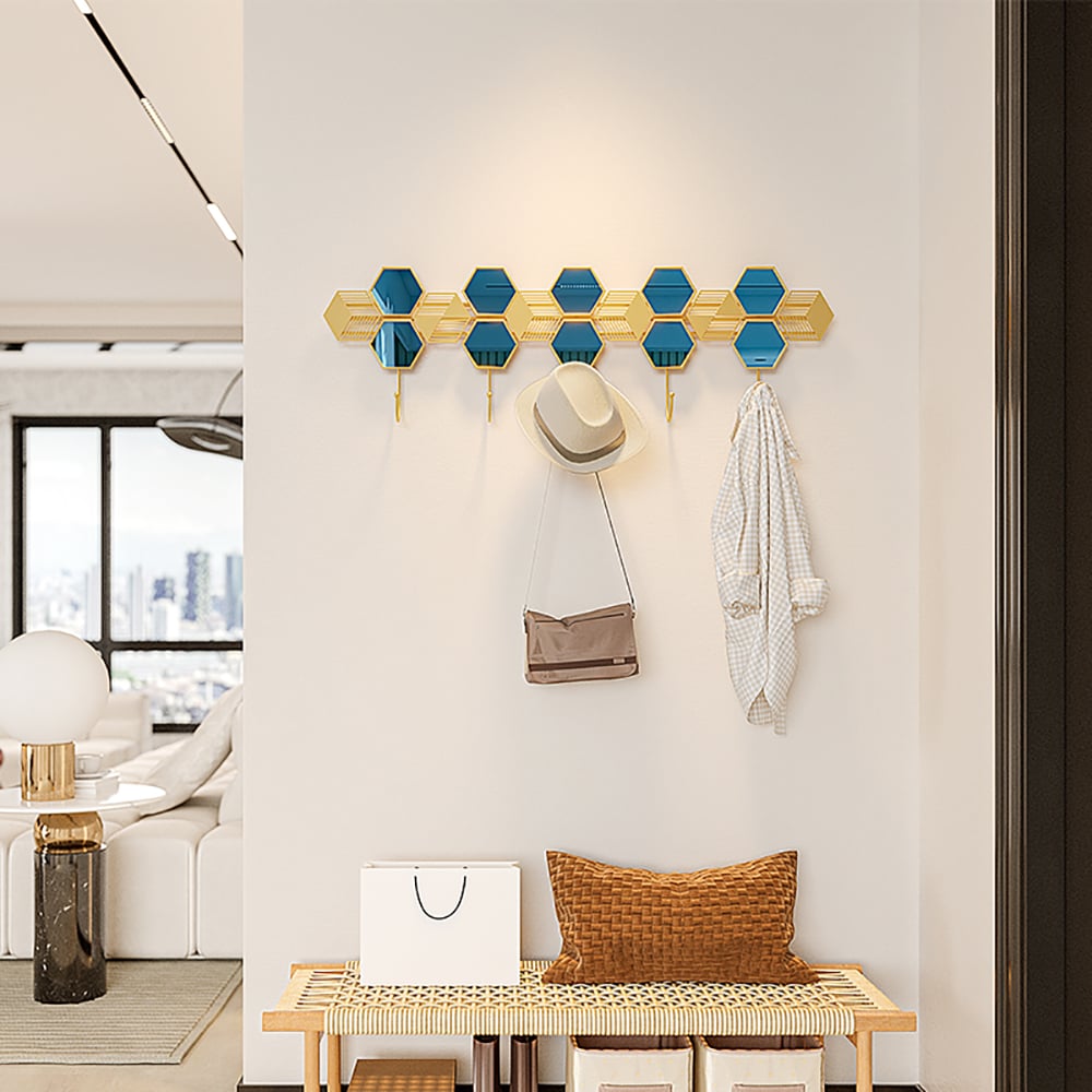 HMR - Gold & Blue Luxury Entryway Wall Mounted 5-Hook Coat Rack