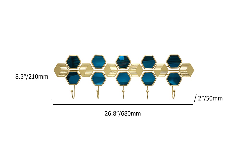 HMR - Gold & Blue Luxury Entryway Wall Mounted 5-Hook Coat Rack