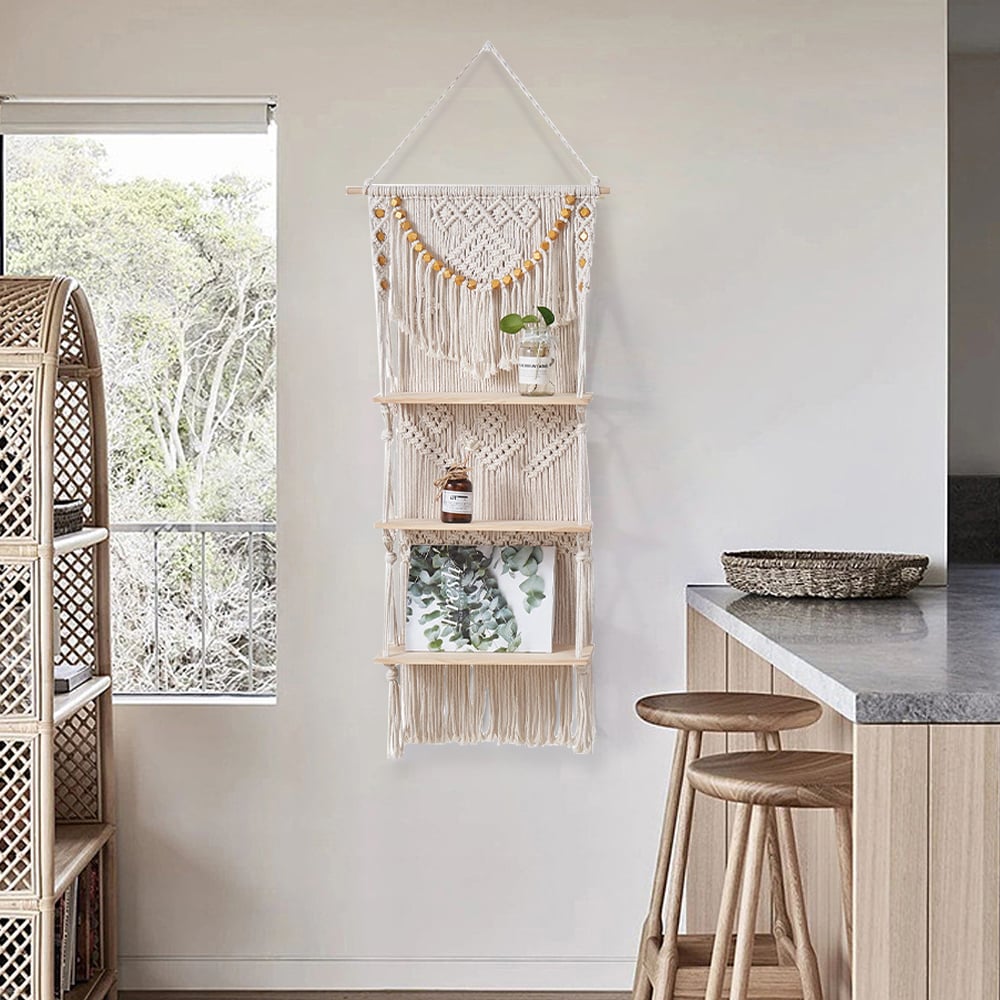 HMR - 43inch Wall Hanging Plant Shelf 3-Tier Macrame Floating Shelf