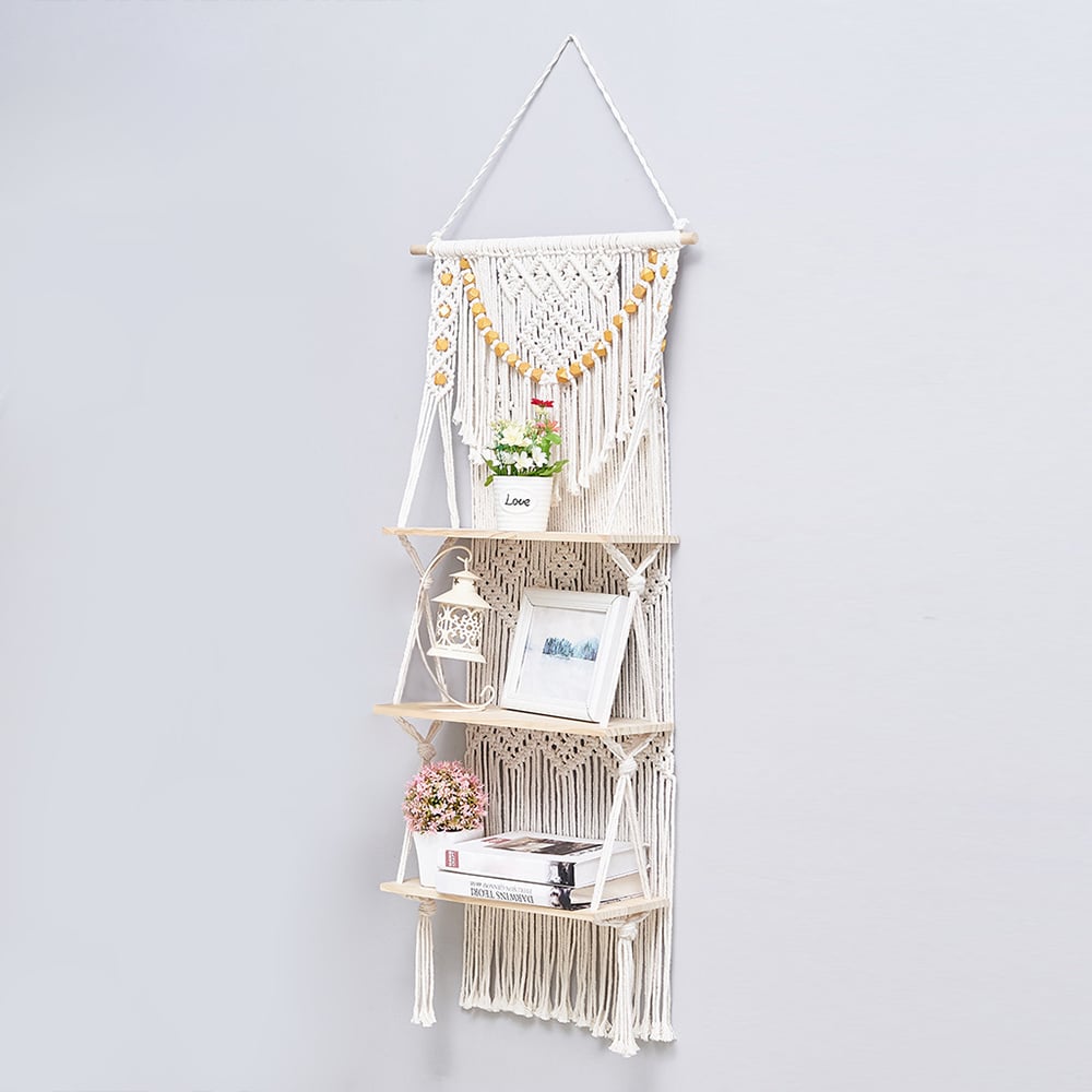 HMR - 43inch Wall Hanging Plant Shelf 3-Tier Macrame Floating Shelf