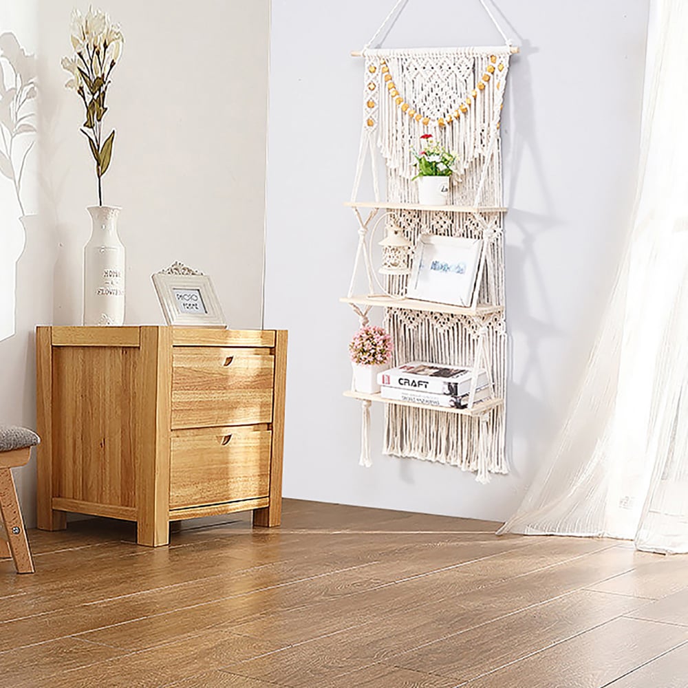 HMR - 43inch Wall Hanging Plant Shelf 3-Tier Macrame Floating Shelf