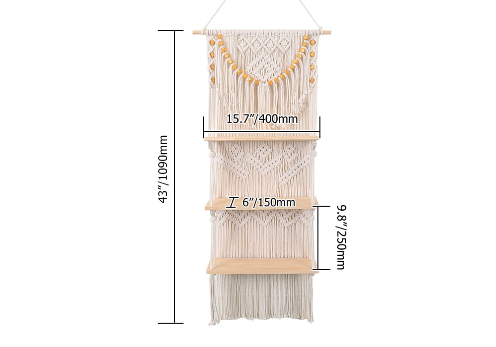 HMR - 43inch Wall Hanging Plant Shelf 3-Tier Macrame Floating Shelf