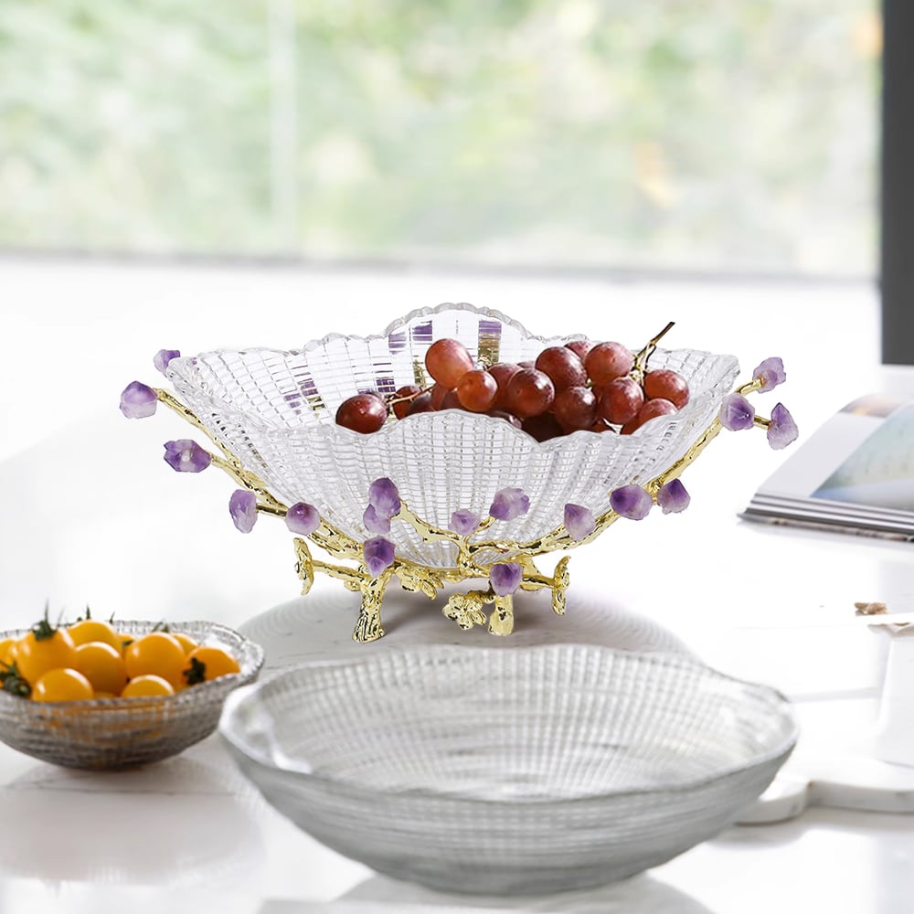HMR - Glass Branch Fruit Bowl Basket Decor Serving Tray in Gold & Purple