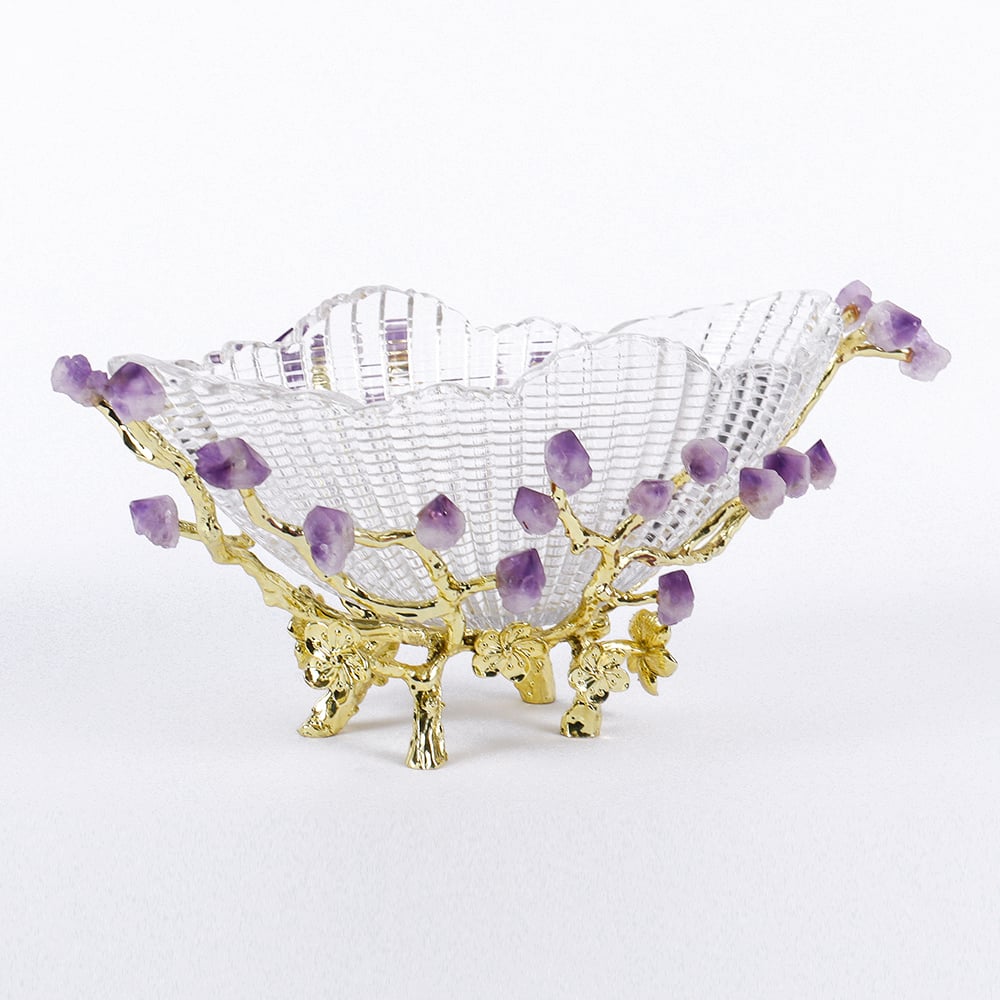 HMR - Glass Branch Fruit Bowl Basket Decor Serving Tray in Gold & Purple