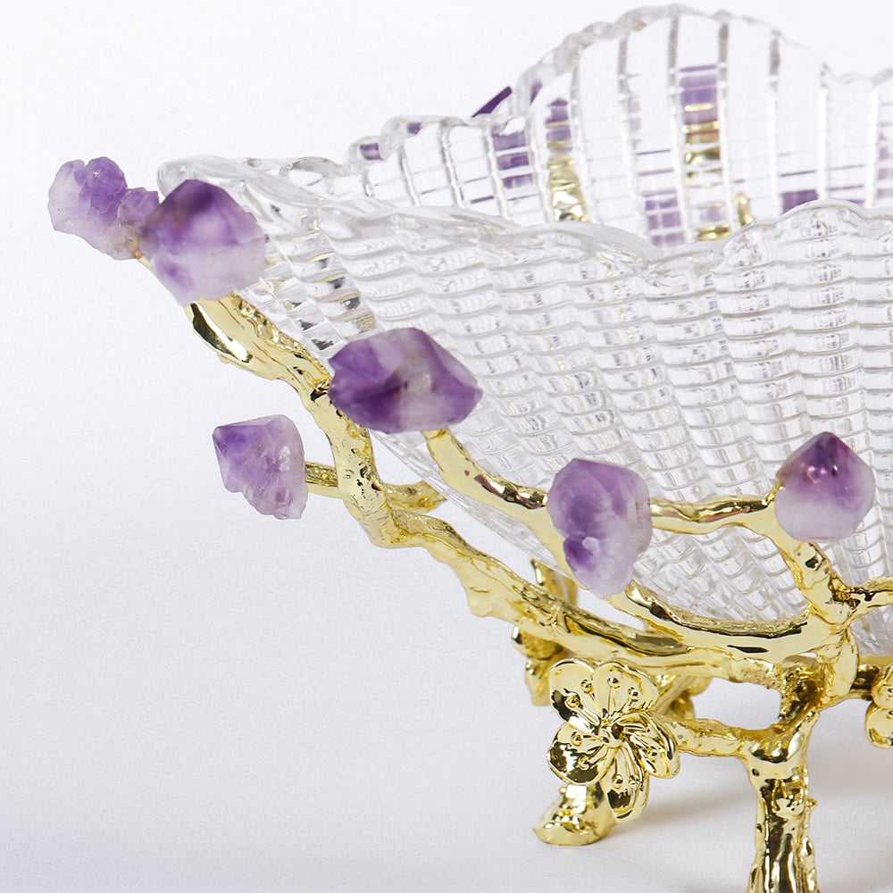 HMR - Glass Branch Fruit Bowl Basket Decor Serving Tray in Gold & Purple