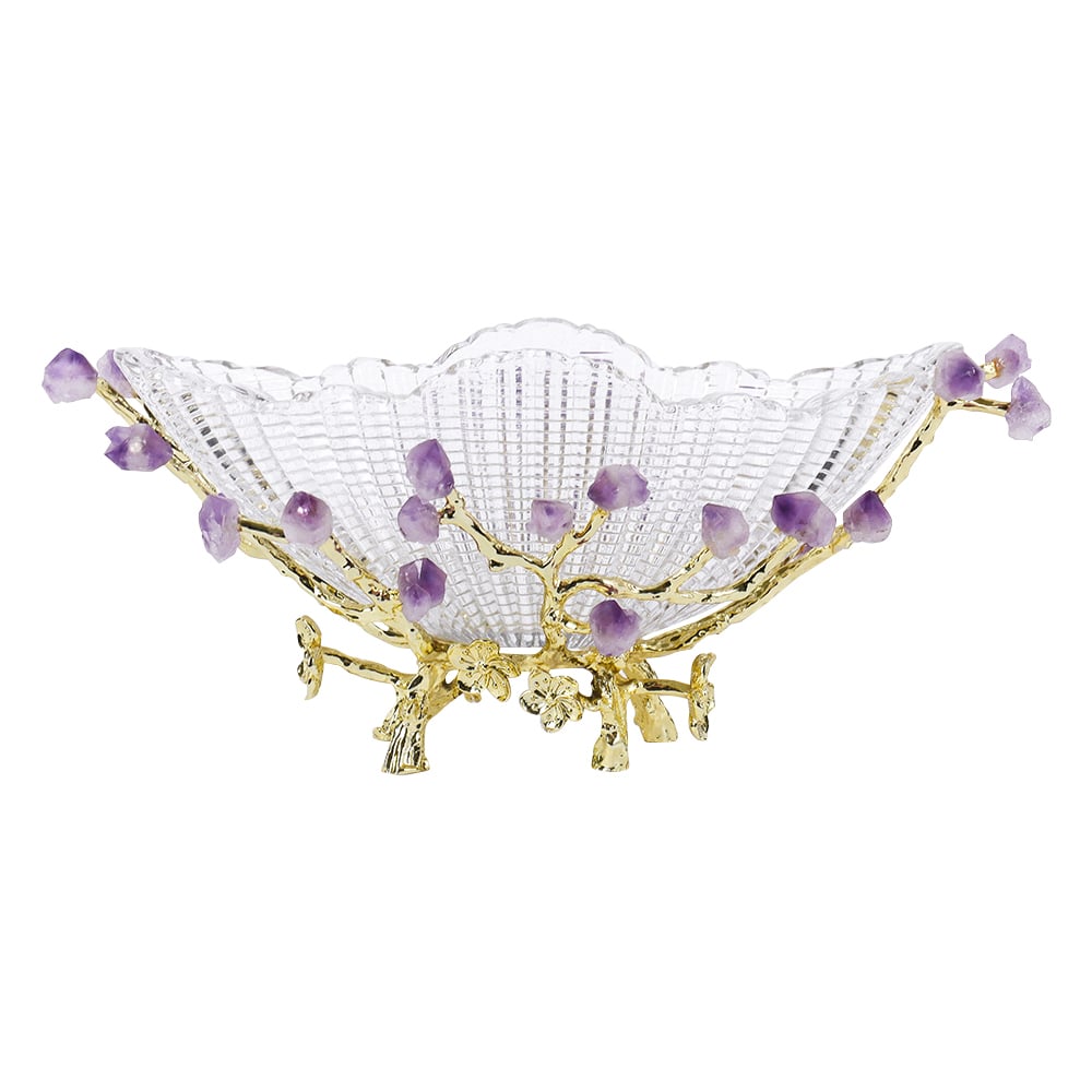 HMR - Glass Branch Fruit Bowl Basket Decor Serving Tray in Gold & Purple