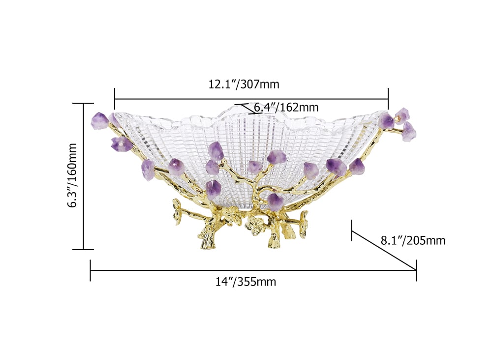 HMR - Glass Branch Fruit Bowl Basket Decor Serving Tray in Gold & Purple