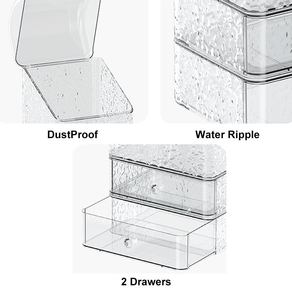 HMR - Water Ripple Makeup Organizer Desktop Cosmetic Storage Box with 2 Drawers in Clear