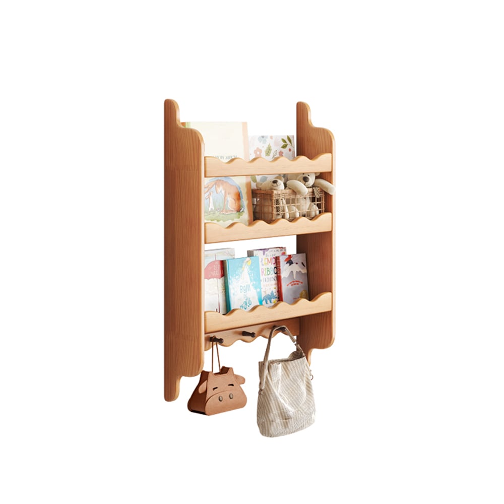 HMR - 3-Tier Wooden Wall Mounted Magazine Rack Shallow Bookshelf Display Shelf with Hooks