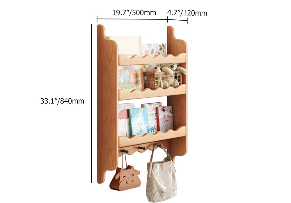 HMR - 3-Tier Wooden Wall Mounted Magazine Rack Shallow Bookshelf Display Shelf with Hooks