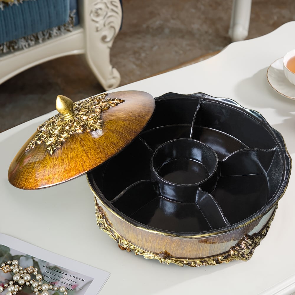 HMR - Brown Resin Divided Serving Tray with Lid Snack Tray Food Storage Containers Home Decor