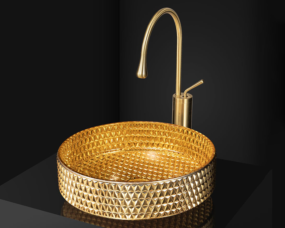 HMR 15" Vessel Transparent Diamond Shaped Crystal Glass Bathroom Vessel Sink - Gold