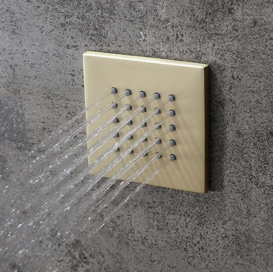 HMR - 16" Thermostatic Rain Shower System with Hand Shower & 3 Body Jet Sprays in Brushed Gold