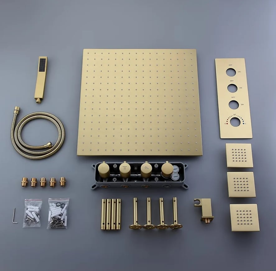 HMR - 16" Thermostatic Rain Shower System with Hand Shower & 3 Body Jet Sprays in Brushed Gold