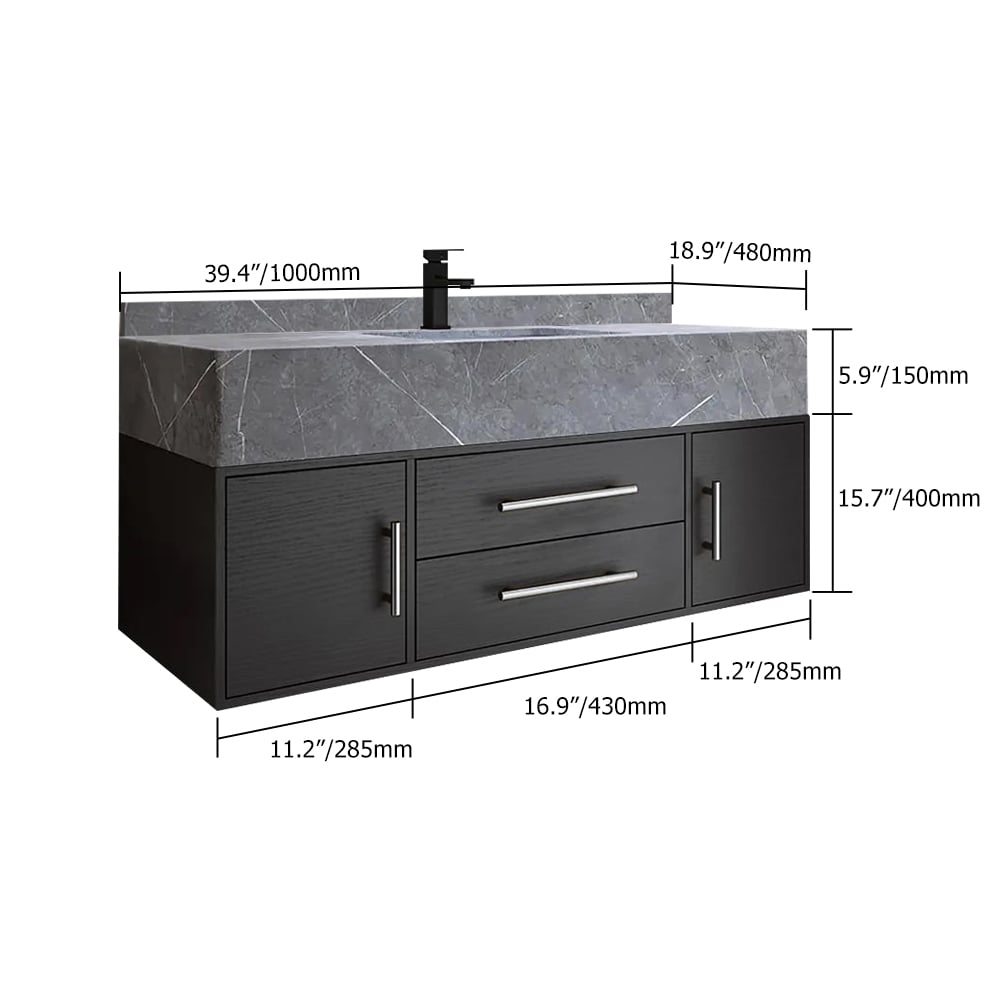 HMR 39" Modern Floating Stone Top Bathroom Vanity Set with Sink - Black/Silver, Wall Mounted