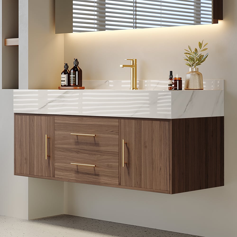 HMR 39" Modern Floating Stone Top Bathroom Vanity Set with Sink - Walnut/Gold, Wall Mounted