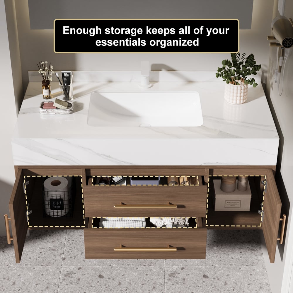 HMR 39" Modern Floating Stone Top Bathroom Vanity Set with Sink - Walnut/Gold, Wall Mounted