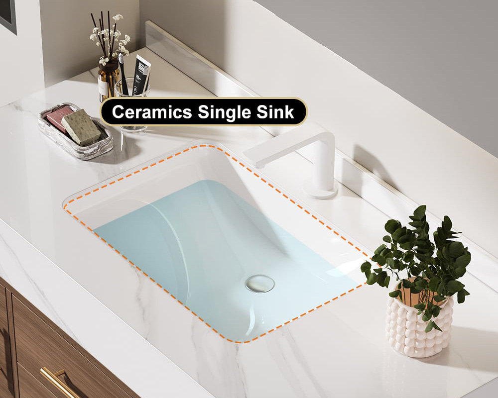 HMR 39" Modern Floating Stone Top Bathroom Vanity Set with Sink - Walnut/Gold, Wall Mounted