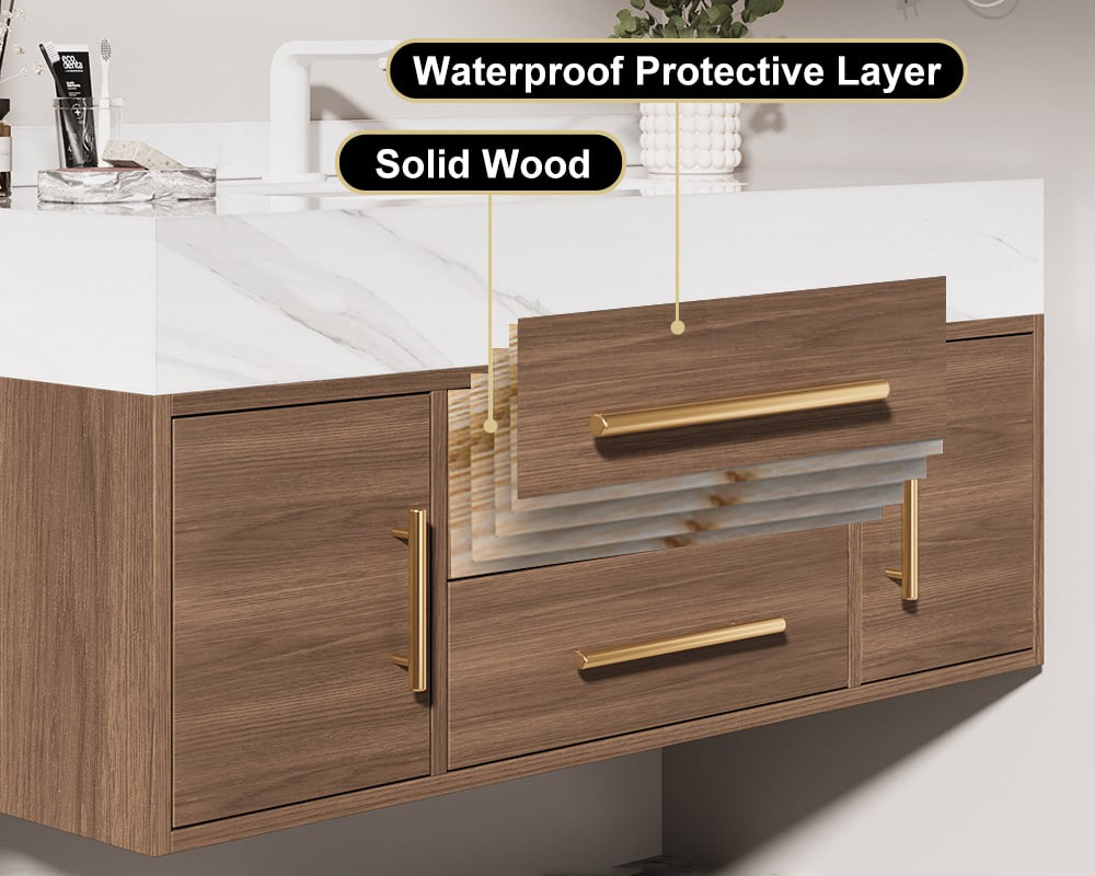 HMR 39" Modern Floating Stone Top Bathroom Vanity Set with Sink - Walnut/Gold, Wall Mounted
