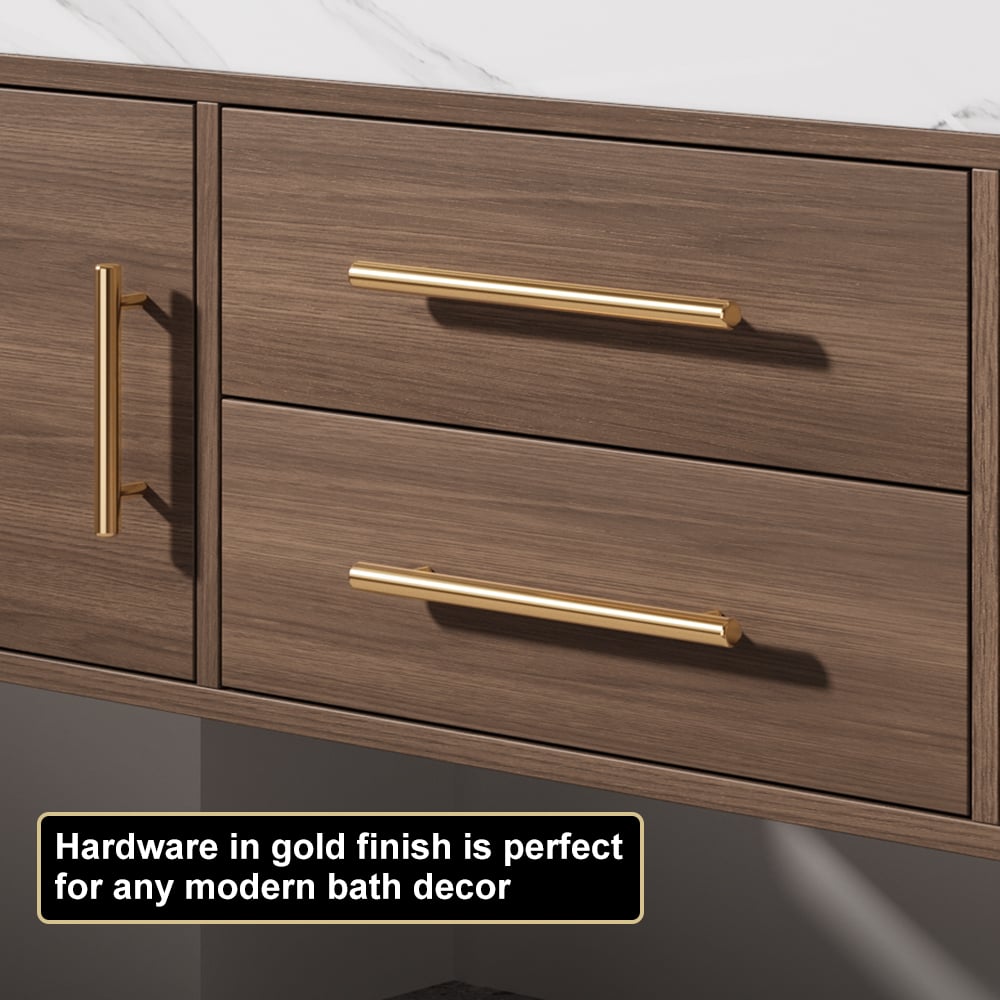 HMR 39" Modern Floating Stone Top Bathroom Vanity Set with Sink - Walnut/Gold, Wall Mounted