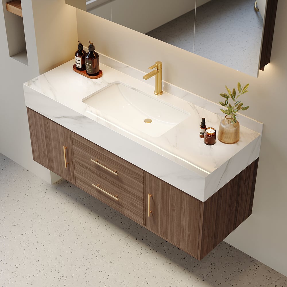 HMR 39" Modern Floating Stone Top Bathroom Vanity Set with Sink - Walnut/Gold, Wall Mounted