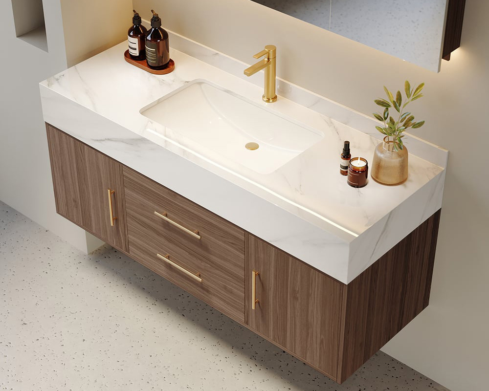 HMR 39" Modern Floating Stone Top Bathroom Vanity Set with Sink - Walnut/Gold, Wall Mounted