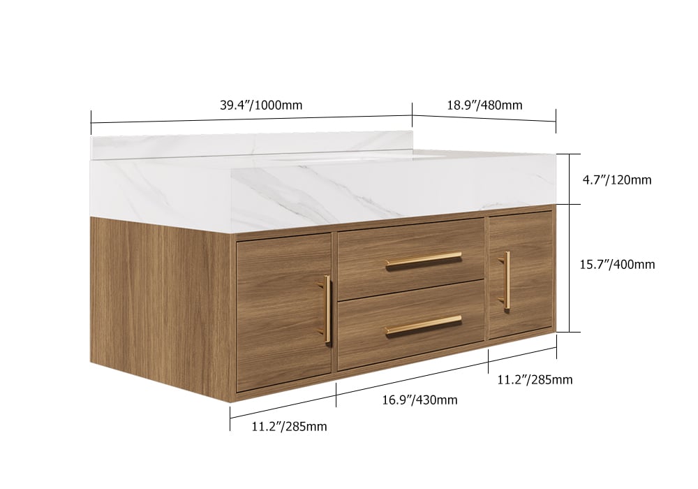 HMR 39" Modern Floating Stone Top Bathroom Vanity Set with Sink - Walnut/Gold, Wall Mounted