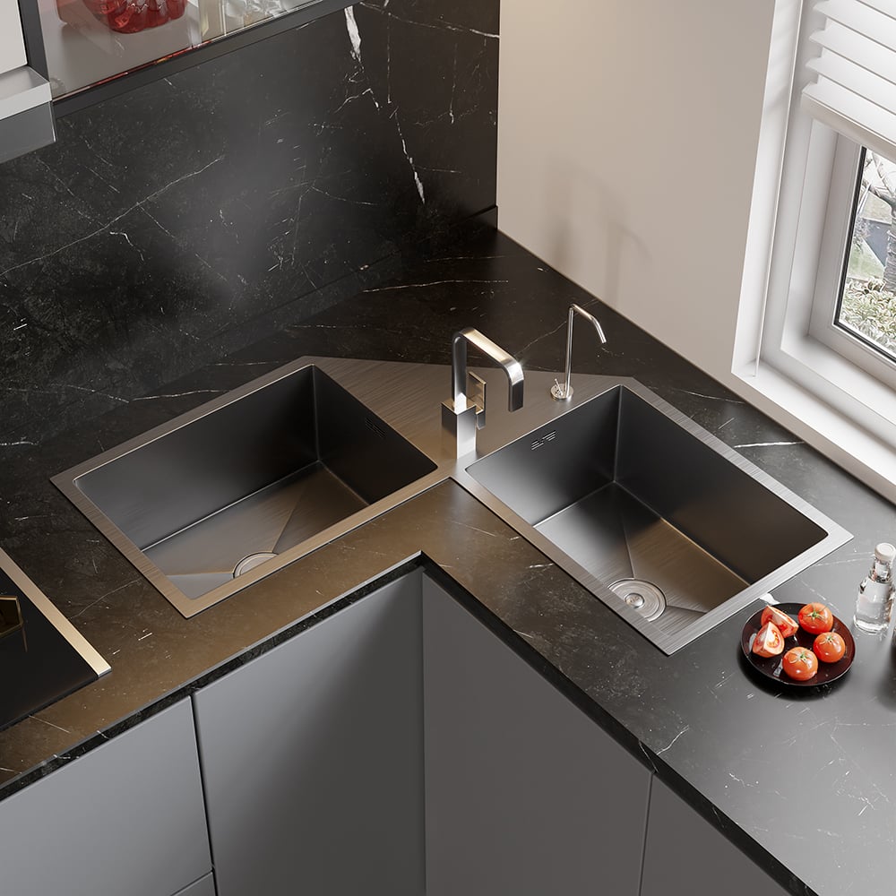 HMR - 34" Modern Drop In Butterfly Corner Kitchen Sink Double Bowls Stainless Steel in Black