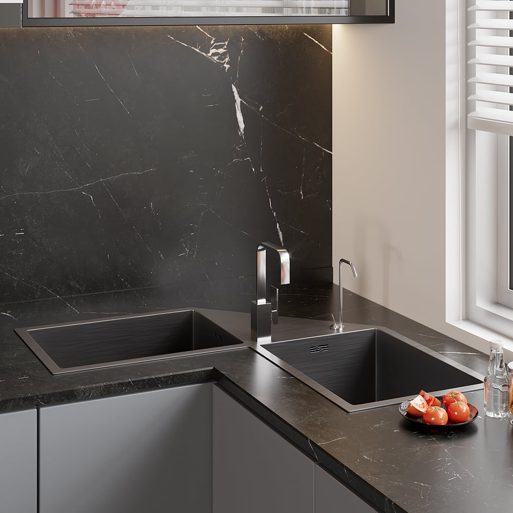HMR - 34" Modern Drop In Butterfly Corner Kitchen Sink Double Bowls Stainless Steel in Black