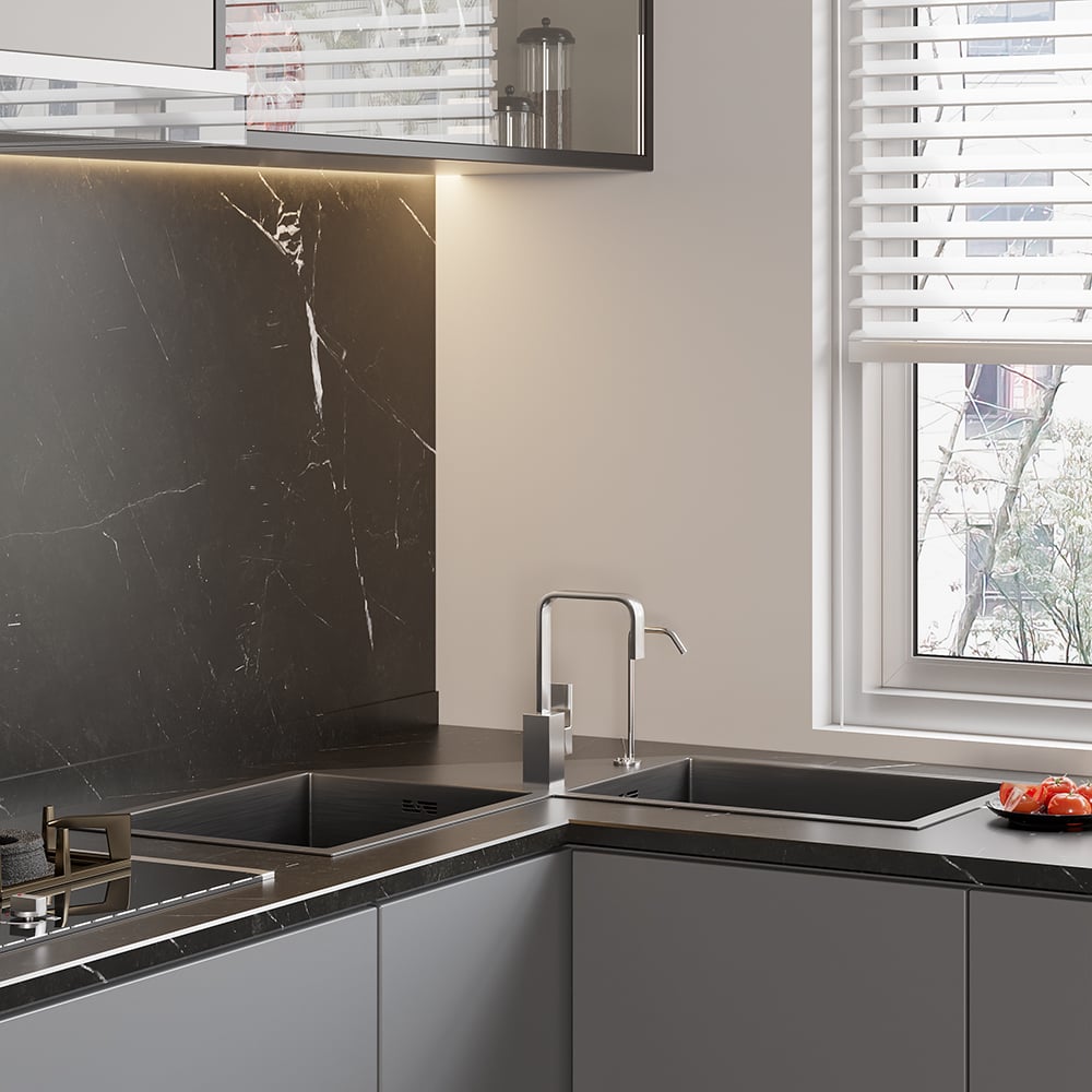 HMR - 34" Modern Drop In Butterfly Corner Kitchen Sink Double Bowls Stainless Steel in Black