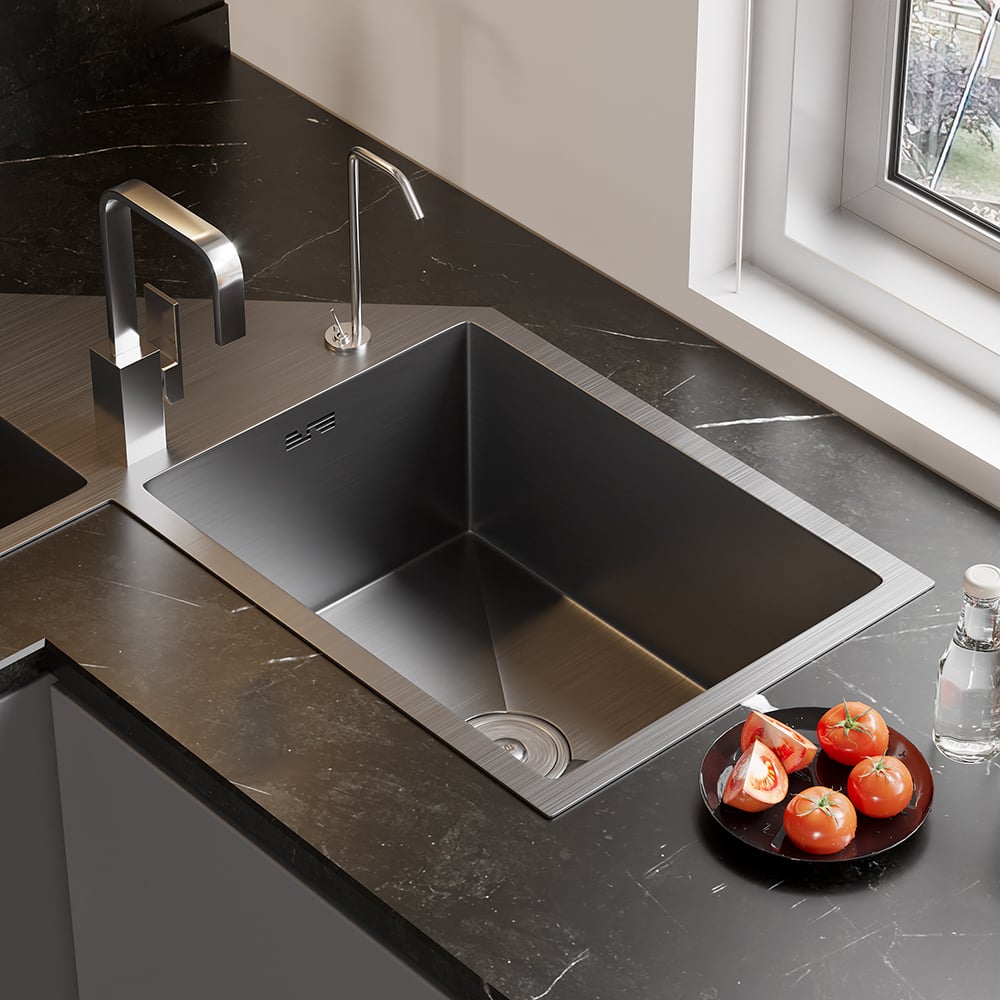 HMR - 34" Modern Drop In Butterfly Corner Kitchen Sink Double Bowls Stainless Steel in Black