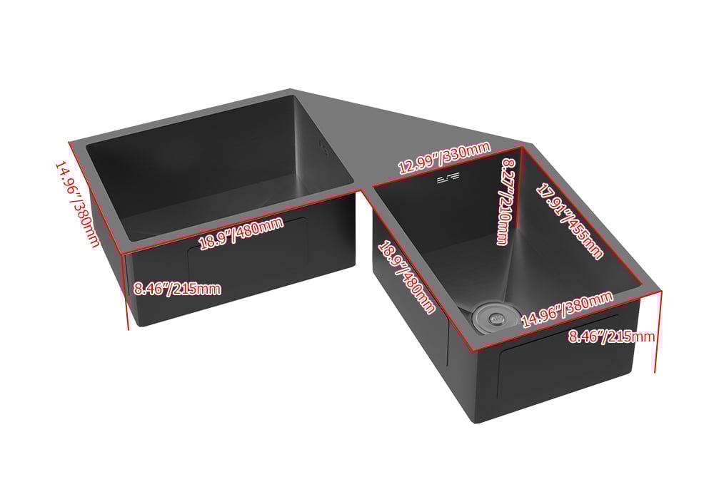HMR - 34" Modern Drop In Butterfly Corner Kitchen Sink Double Bowls Stainless Steel in Black