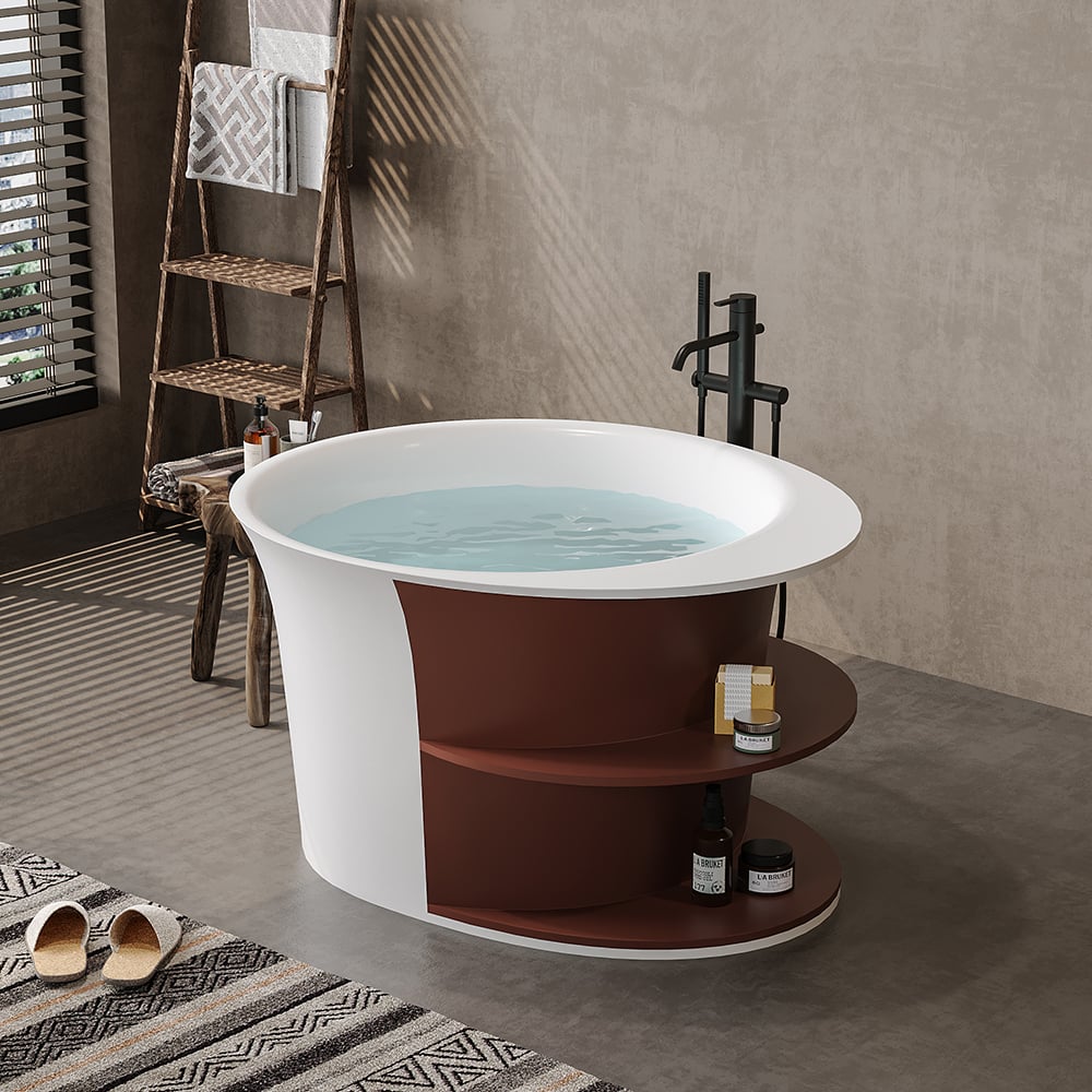 HMR - 47" Japanese Round Freestanding Soaking Bathtub with Storage White 70-Gallon Capacity