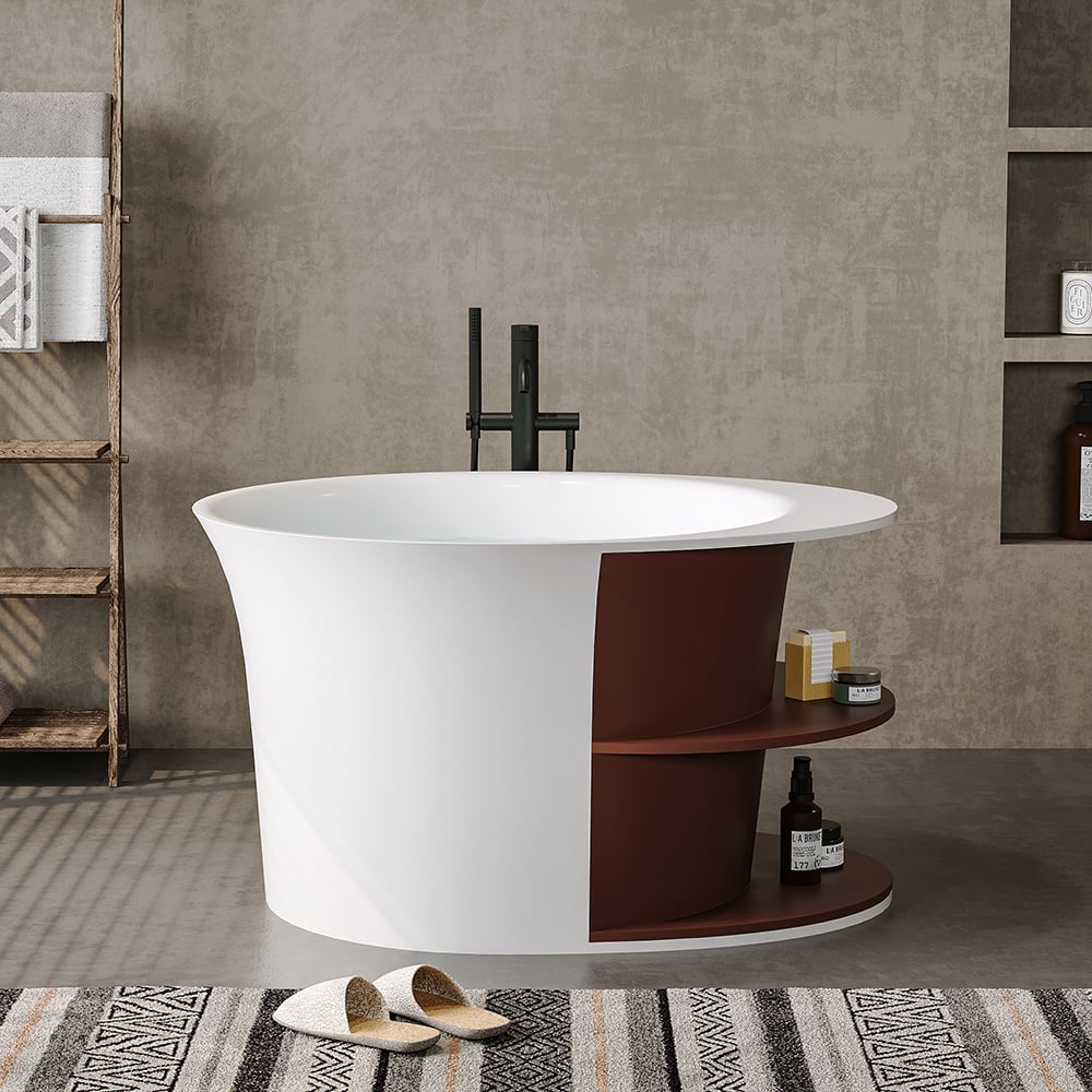 HMR - 47" Japanese Round Freestanding Soaking Bathtub with Storage White 70-Gallon Capacity