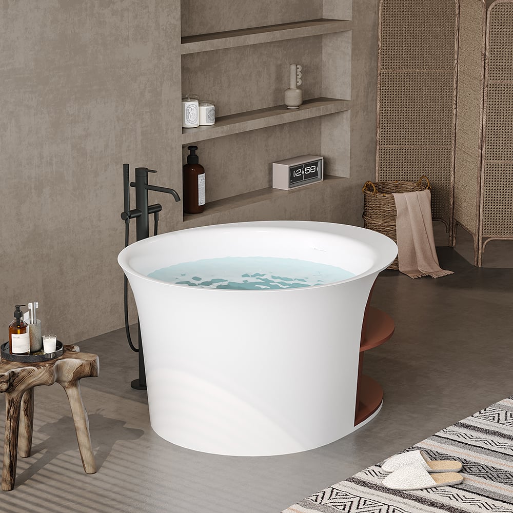 HMR - 47" Japanese Round Freestanding Soaking Bathtub with Storage White 70-Gallon Capacity