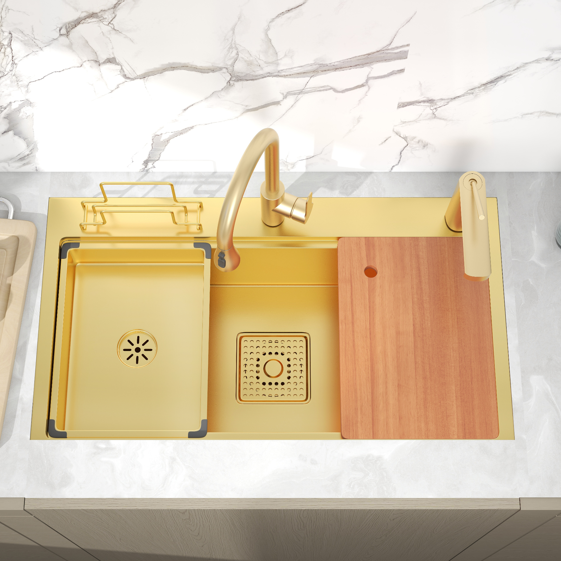 HMR - 31.5" Gold Drop-in Workstation Kitchen Sink with Accessories Single Bowl Stainless Steel