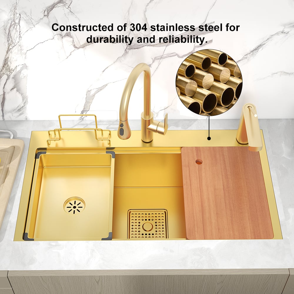 HMR - 31.5" Gold Drop-in Workstation Kitchen Sink with Accessories Single Bowl Stainless Steel